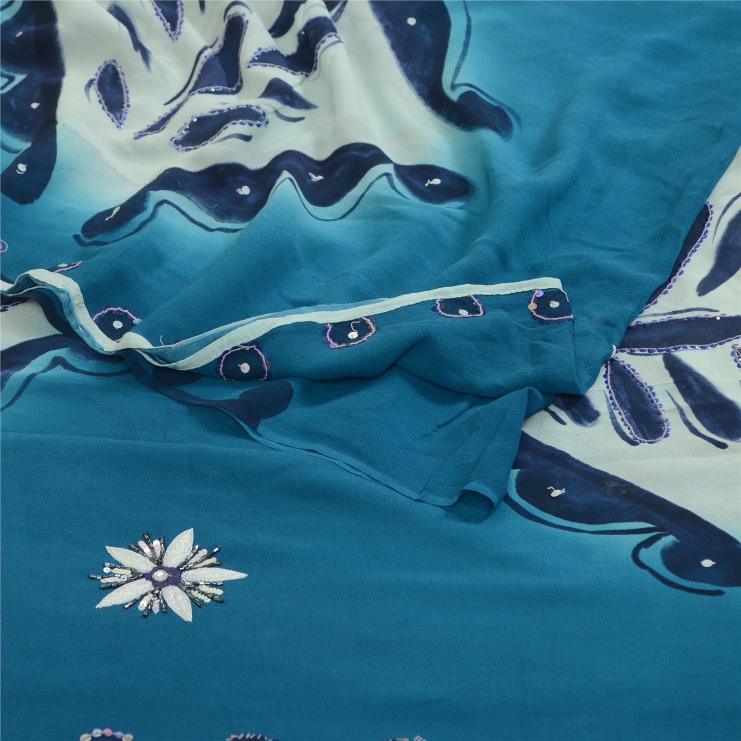 Sanskriti Vintage Sarees Blue Hand Beaded Pure Georgette Silk Sari Craft Sustainable Fabric