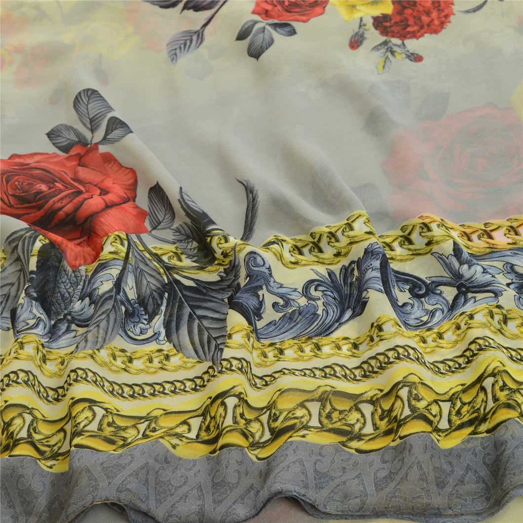 Sanskriti Vintage Sarees Indian Gray Digital Printed Sari Georgette Craft Fabric