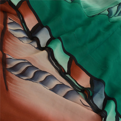 Sanskriti Vintage Sarees Brown/Green Pure Georgette Silk Print Sari Craft Sustainable Fabric