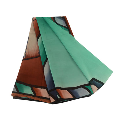Sanskriti Vintage Sarees Brown/Green Pure Georgette Silk Print Sari Craft Sustainable Fabric