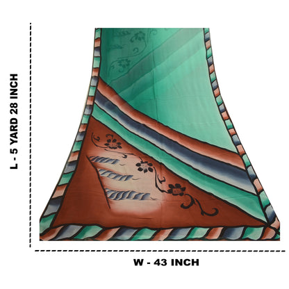 Sanskriti Vintage Sarees Brown/Green Pure Georgette Silk Print Sari Craft Sustainable Fabric