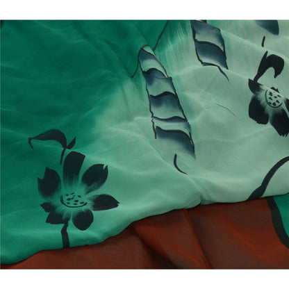 Sanskriti Vintage Sarees Brown/Green Pure Georgette Silk Print Sari Craft Sustainable Fabric