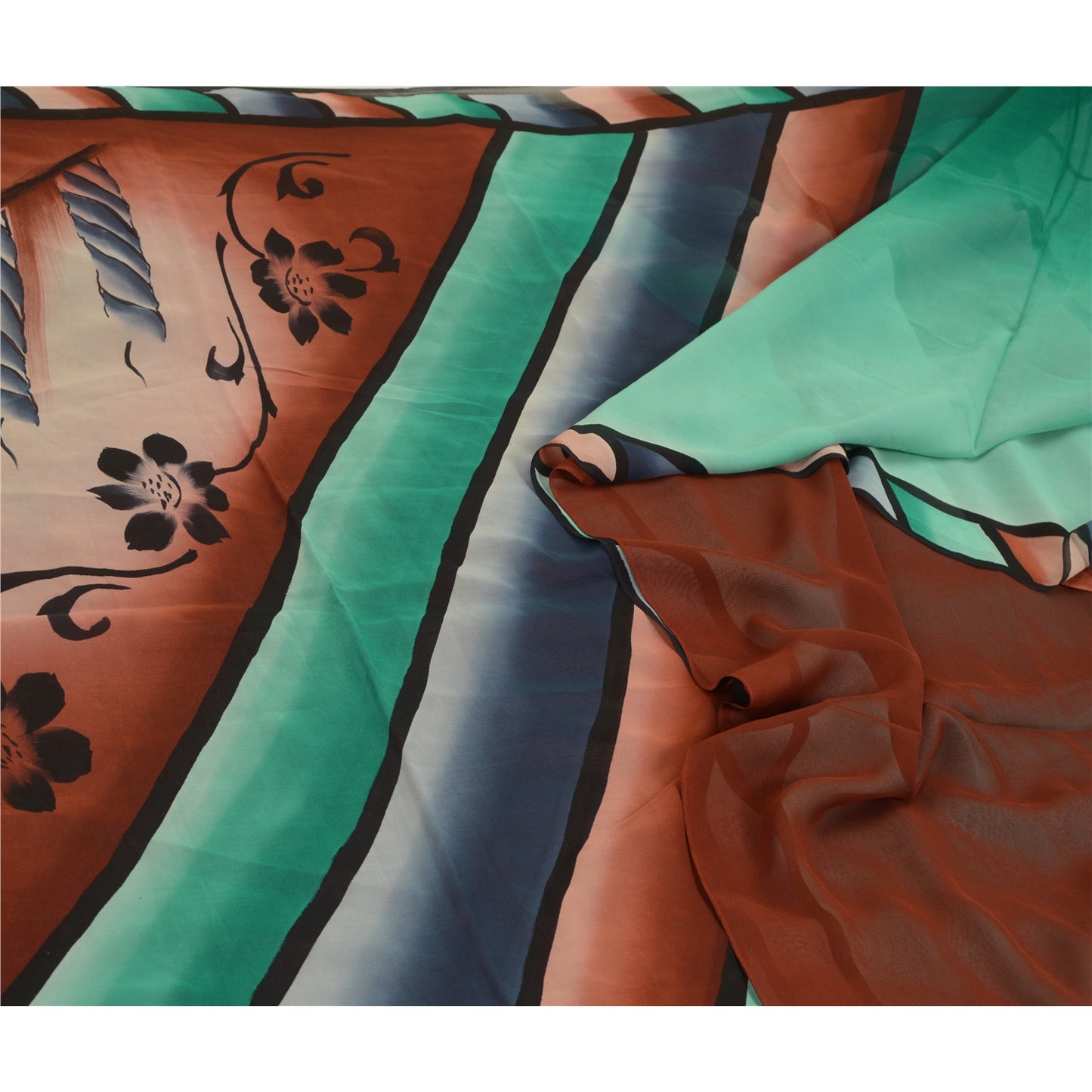 Sanskriti Vintage Sarees Brown/Green Pure Georgette Silk Print Sari Craft Sustainable Fabric