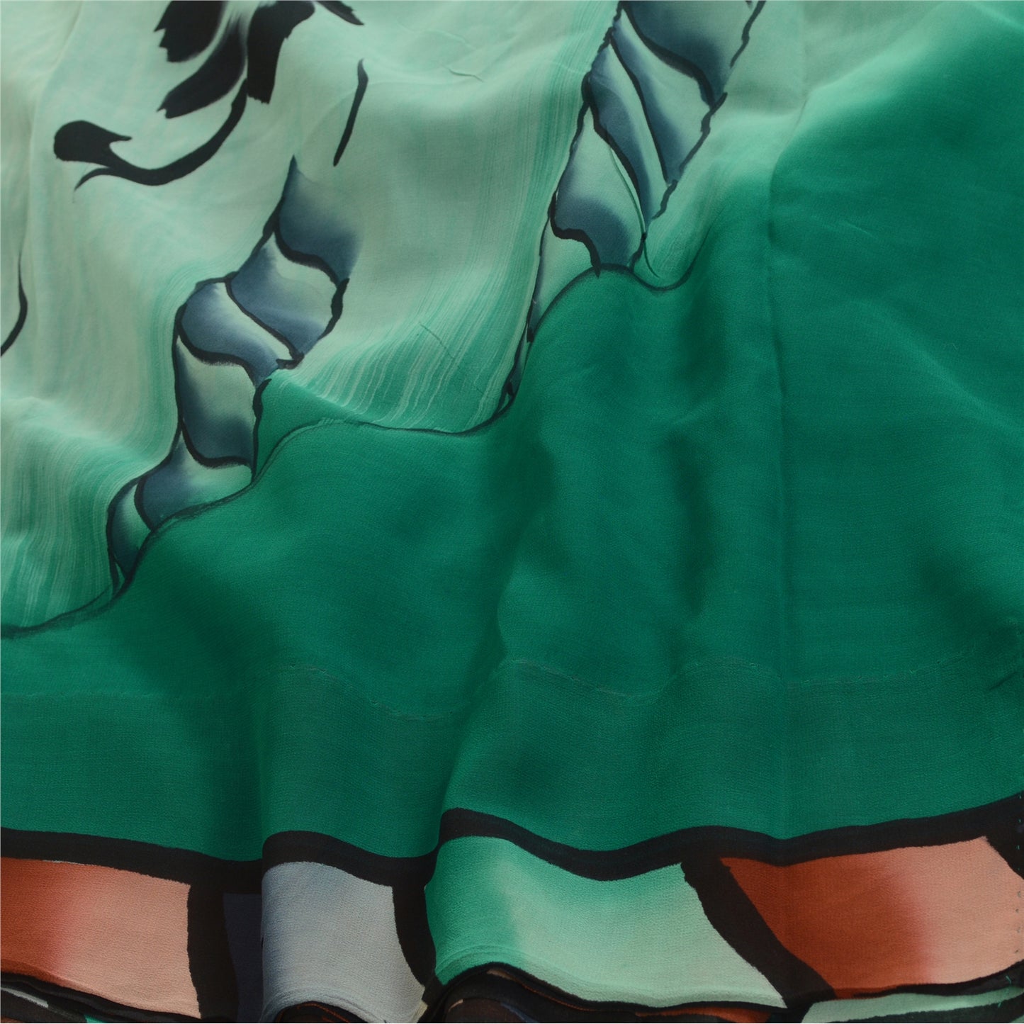 Sanskriti Vintage Sarees Brown/Green Pure Georgette Silk Print Sari Craft Sustainable Fabric