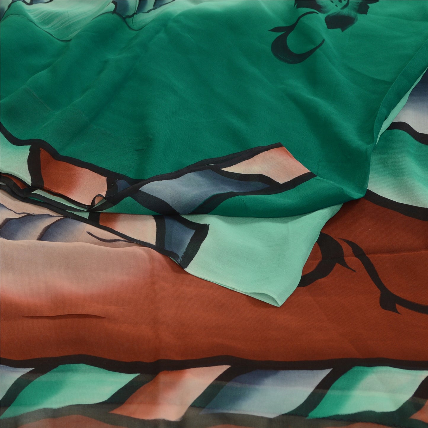 Sanskriti Vintage Sarees Brown/Green Pure Georgette Silk Print Sari Craft Sustainable Fabric