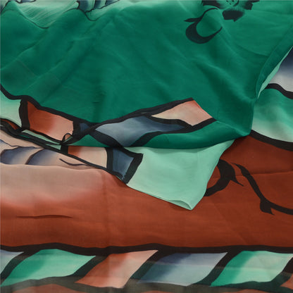 Sanskriti Vintage Sarees Brown/Green Pure Georgette Silk Print Sari Craft Sustainable Fabric