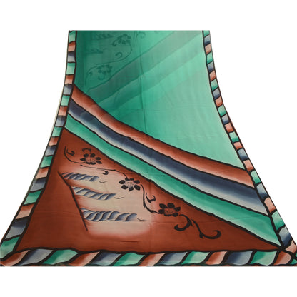 Sanskriti Vintage Sarees Brown/Green Pure Georgette Silk Print Sari Craft Sustainable Fabric