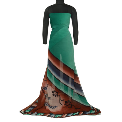 Sanskriti Vintage Sarees Brown/Green Pure Georgette Silk Print Sari Craft Sustainable Fabric