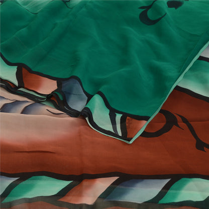 Sanskriti Vintage Sarees Brown/Green Pure Georgette Silk Print Sari Craft Sustainable Fabric
