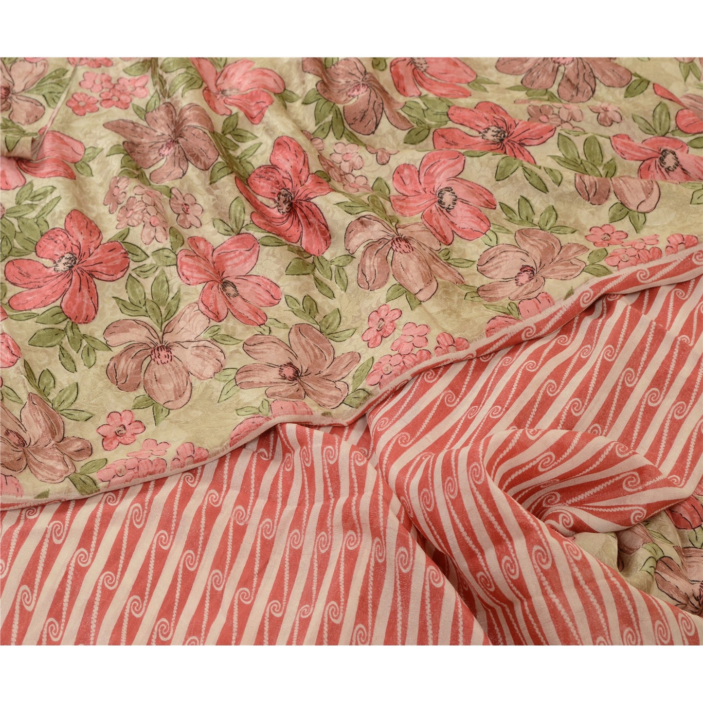 Sanskriti Vintage Sarees Dusty-Red Pure Georgette Silk Sari Printed Craft Sustainable Fabric