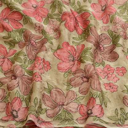 Sanskriti Vintage Sarees Dusty-Red Pure Georgette Silk Sari Printed Craft Sustainable Fabric