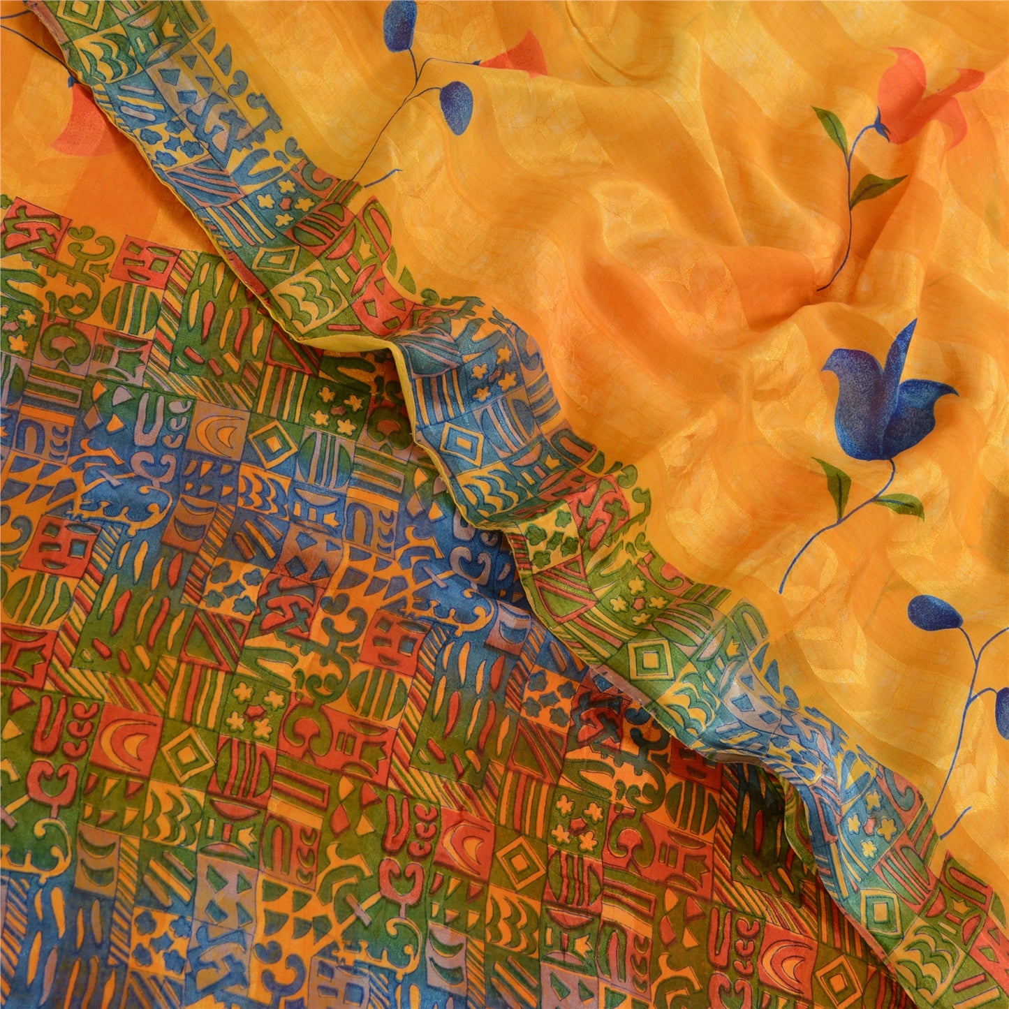 Sanskriti Vintage Sarees Orange Pure Georgette Silk Sari Printed Craft Sustainable Fabric