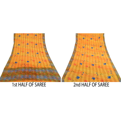 Sanskriti Vintage Sarees Orange Pure Georgette Silk Sari Printed Craft Sustainable Fabric