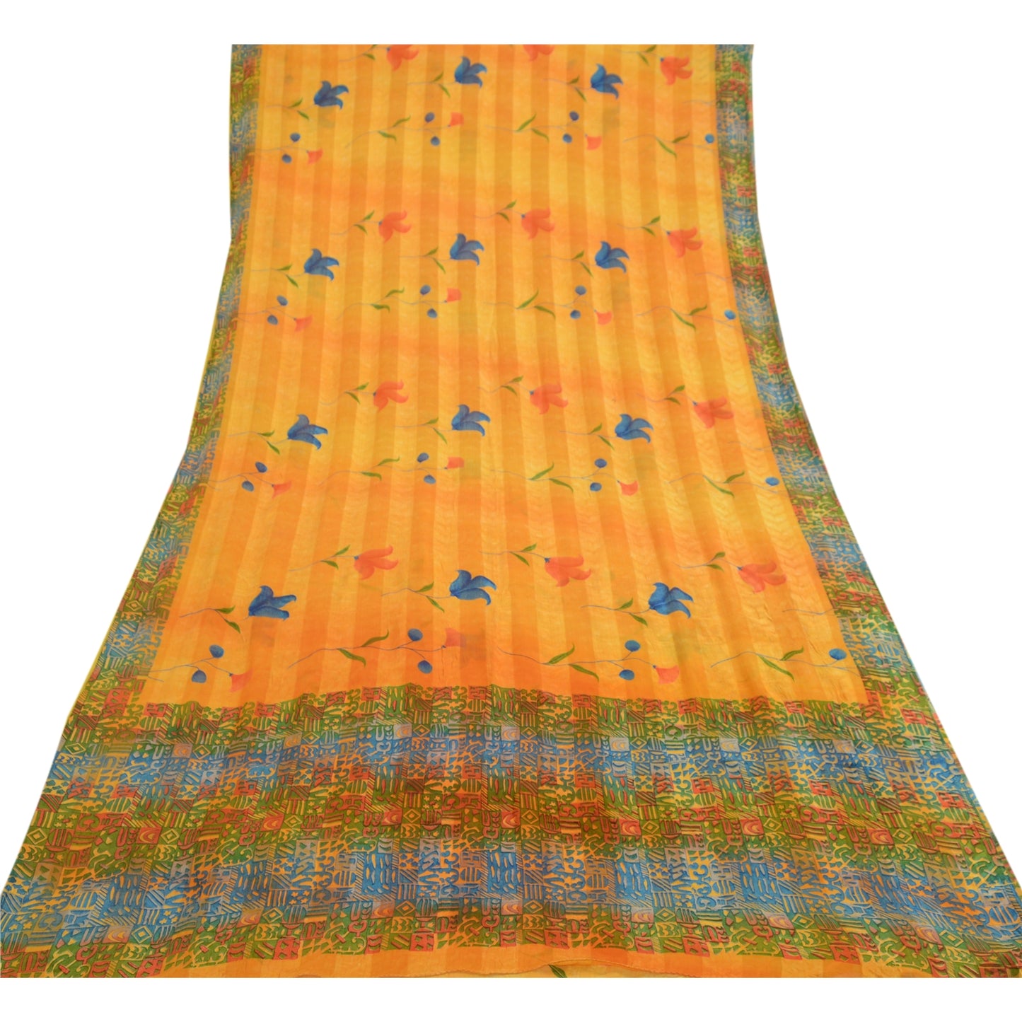 Sanskriti Vintage Sarees Orange Pure Georgette Silk Sari Printed Craft Sustainable Fabric