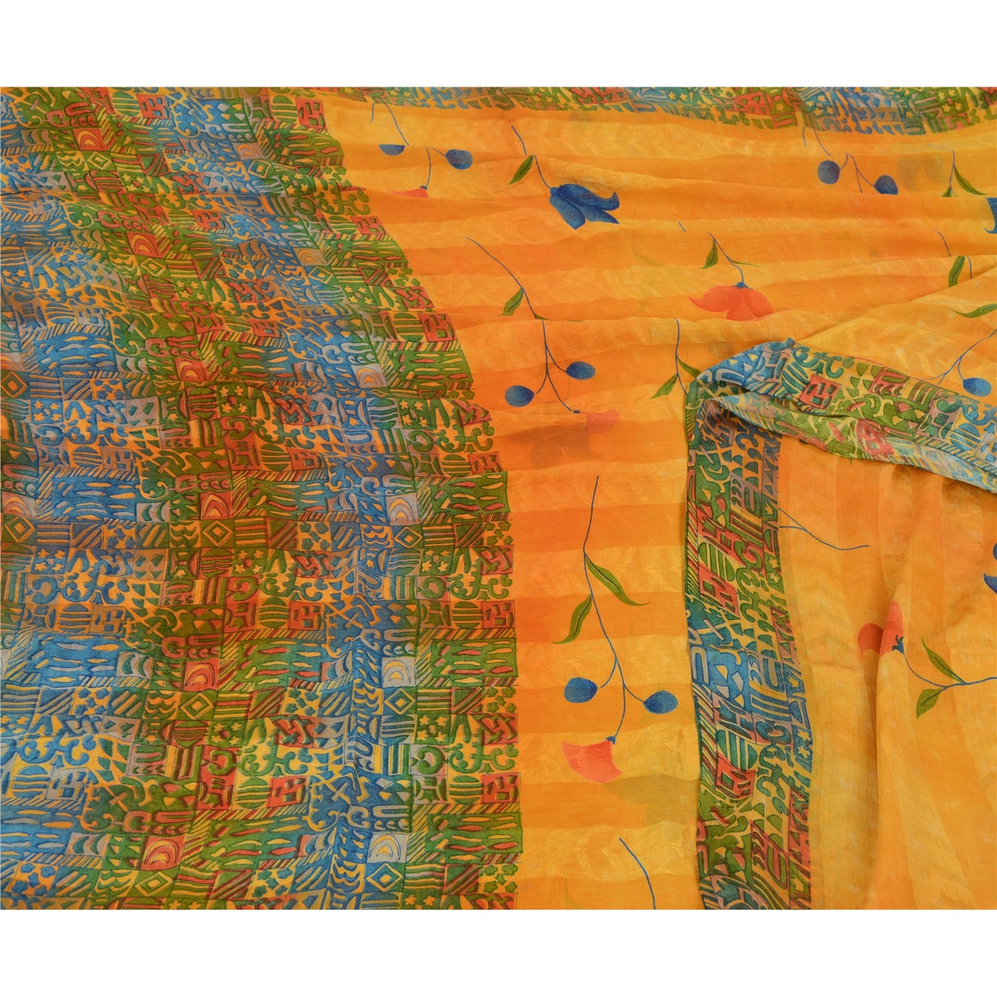 Sanskriti Vintage Sarees Orange Pure Georgette Silk Sari Printed Craft Sustainable Fabric