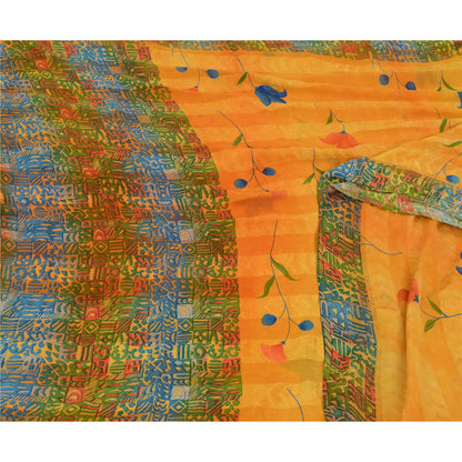 Sanskriti Vintage Sarees Orange Pure Georgette Silk Sari Printed Craft Sustainable Fabric
