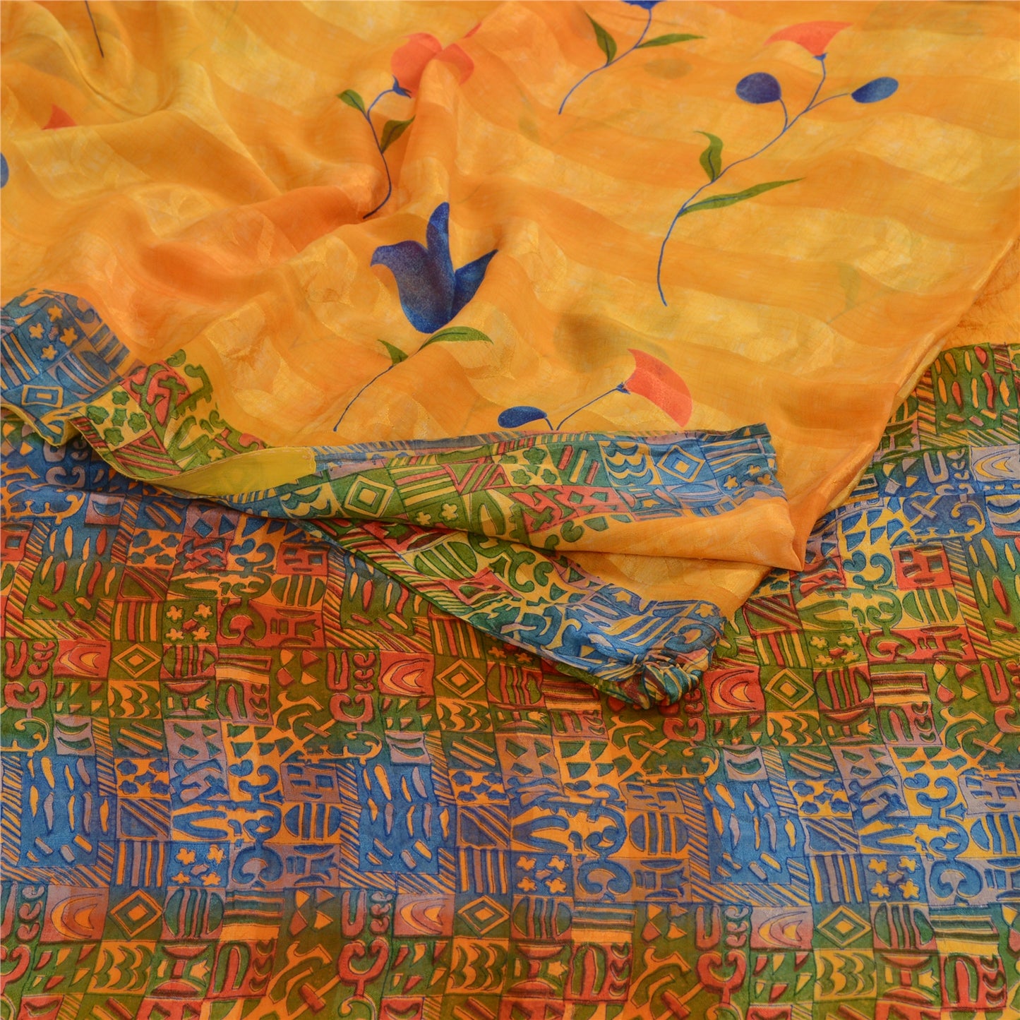 Sanskriti Vintage Sarees Orange Pure Georgette Silk Sari Printed Craft Sustainable Fabric