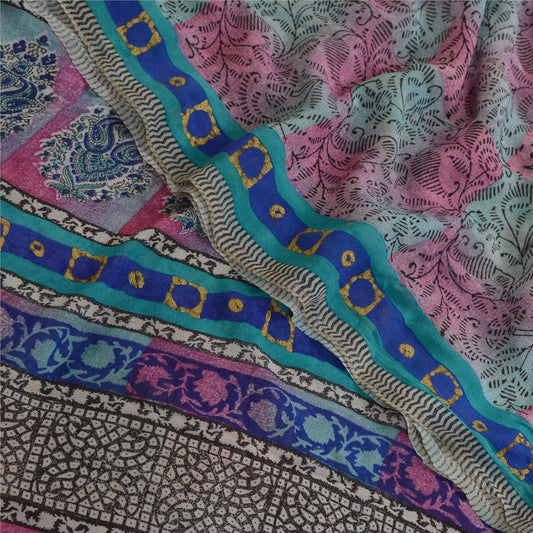 Sanskriti Vintage Sarees Pink/Blå Ren Georgette Silke Sari Trykt Håndværk Bæredygtigt Stoff