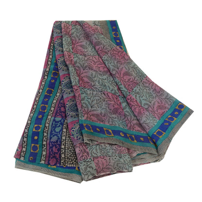 Sanskriti Vintage Sarees Pink/Blå Ren Georgette Silke Sari Trykt Håndværk Bæredygtigt Stoff