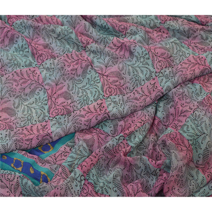 Sanskriti Vintage Sarees Pink/Blå Ren Georgette Silke Sari Trykt Håndværk Bæredygtigt Stoff
