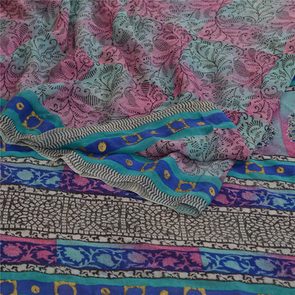 Sanskriti Vintage Sarees Pink/Blå Ren Georgette Silke Sari Trykt Håndværk Bæredygtigt Stoff