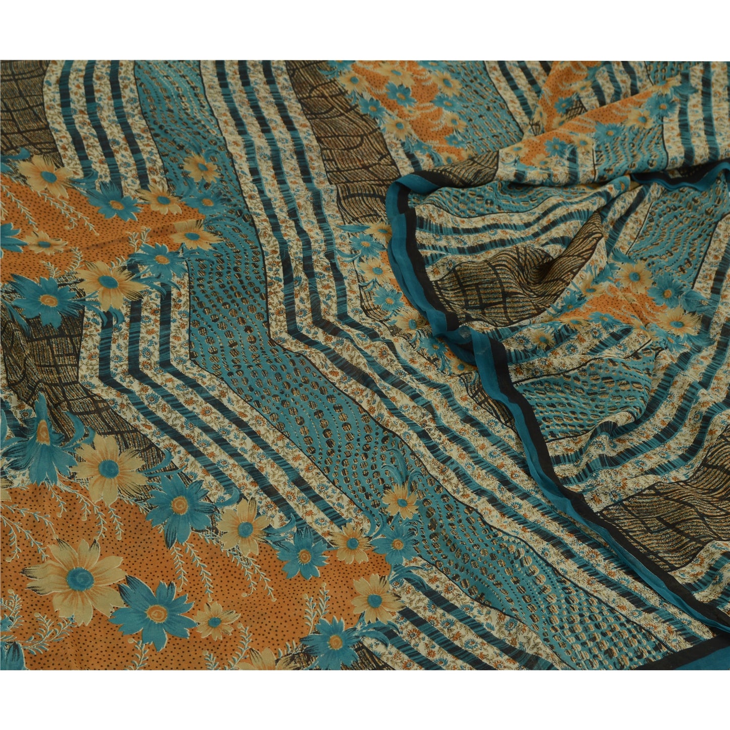 Sanskriti Vintage Sarees Blå Ren Georgette Silke Trykt Sari 5yd Håndværk Bæredygtigt Stoff