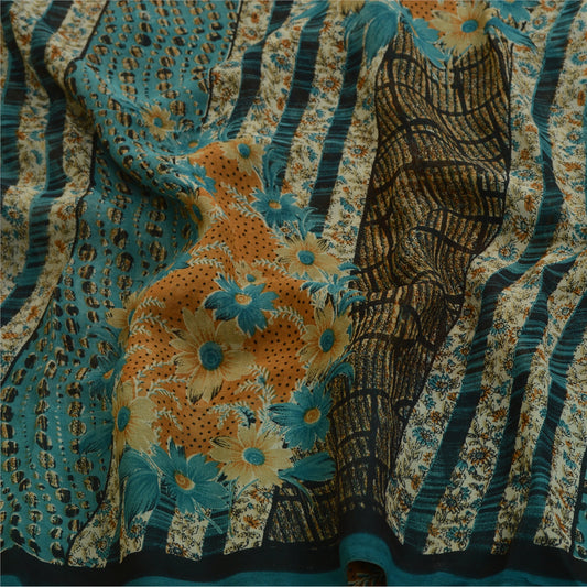 Sanskriti Vintage Sarees Blå Ren Georgette Silke Trykt Sari 5yd Håndværk Bæredygtigt Stoff