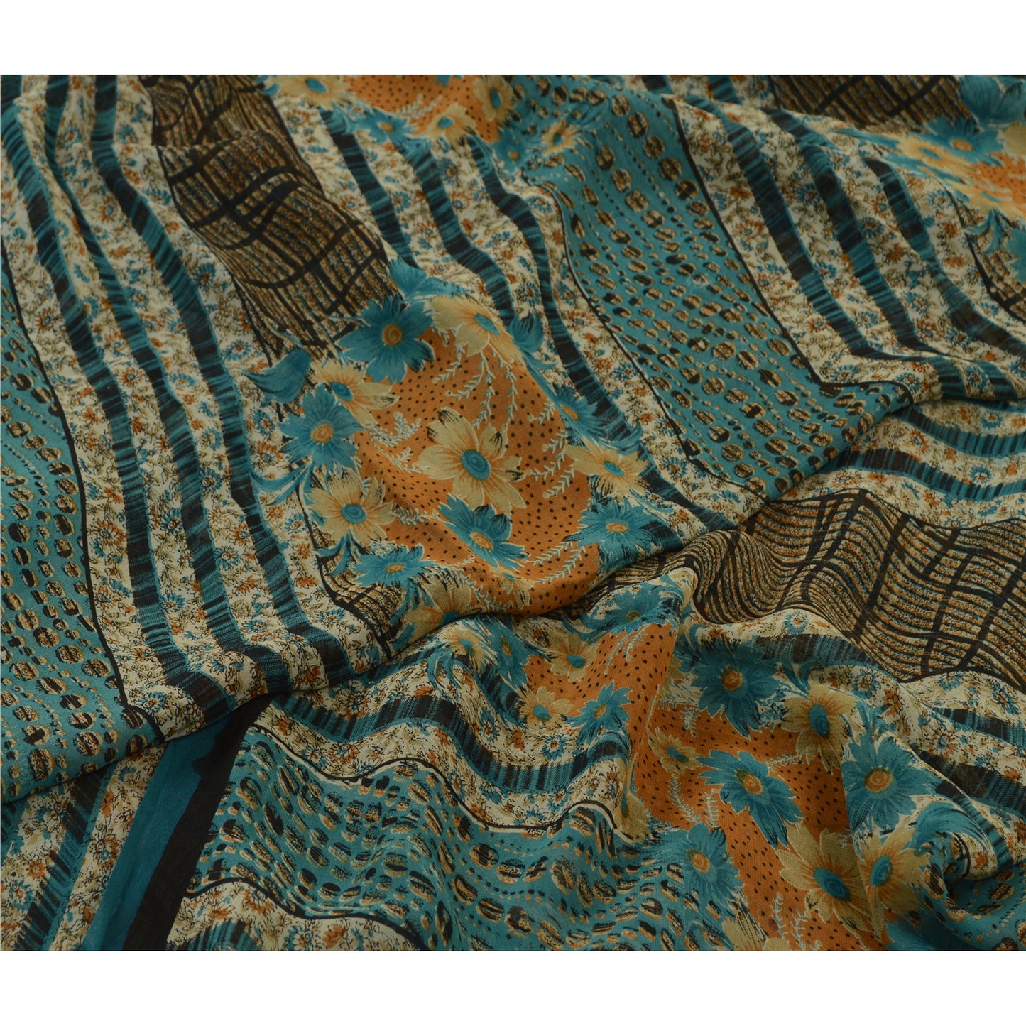 Sanskriti Vintage Sarees Blå Ren Georgette Silke Trykt Sari 5yd Håndværk Bæredygtigt Stoff