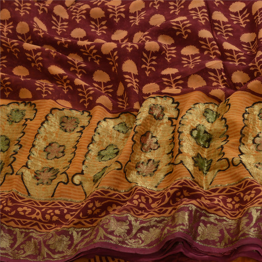 Sanskriti Vintage Sarees Røde Ren Georgette Silke Zari Trykt Sari Bæredygtigt Stof