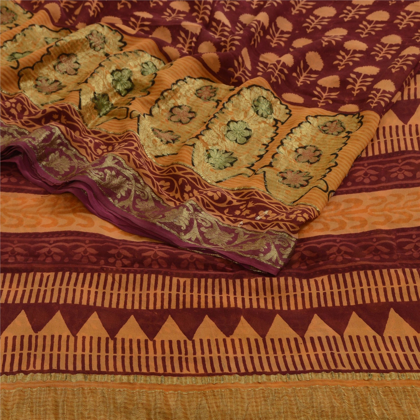 Sanskriti Vintage Sarees Red Pure Georgette Silk Zari Work Printed Sari Sustainable Fabric