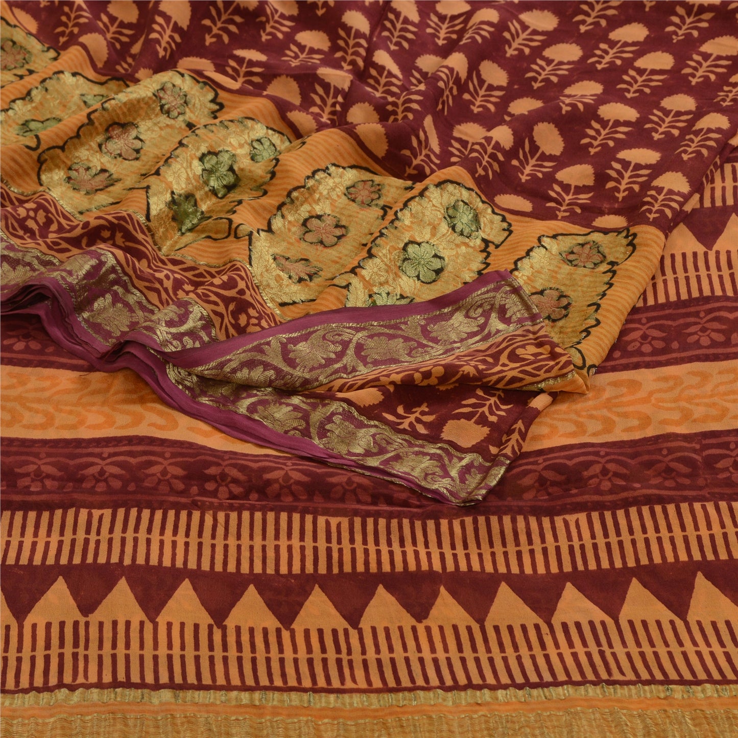 Sanskriti Vintage Sarees Red Pure Georgette Silk Zari Work Printed Sari Sustainable Fabric