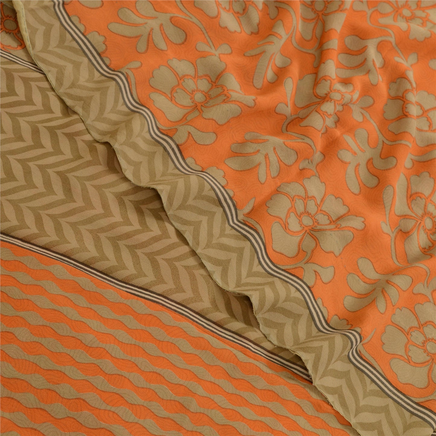 Sanskriti Vintage Sarees Orange Pure Georgette Silk Printed Sari Craft Sustainable Fabric