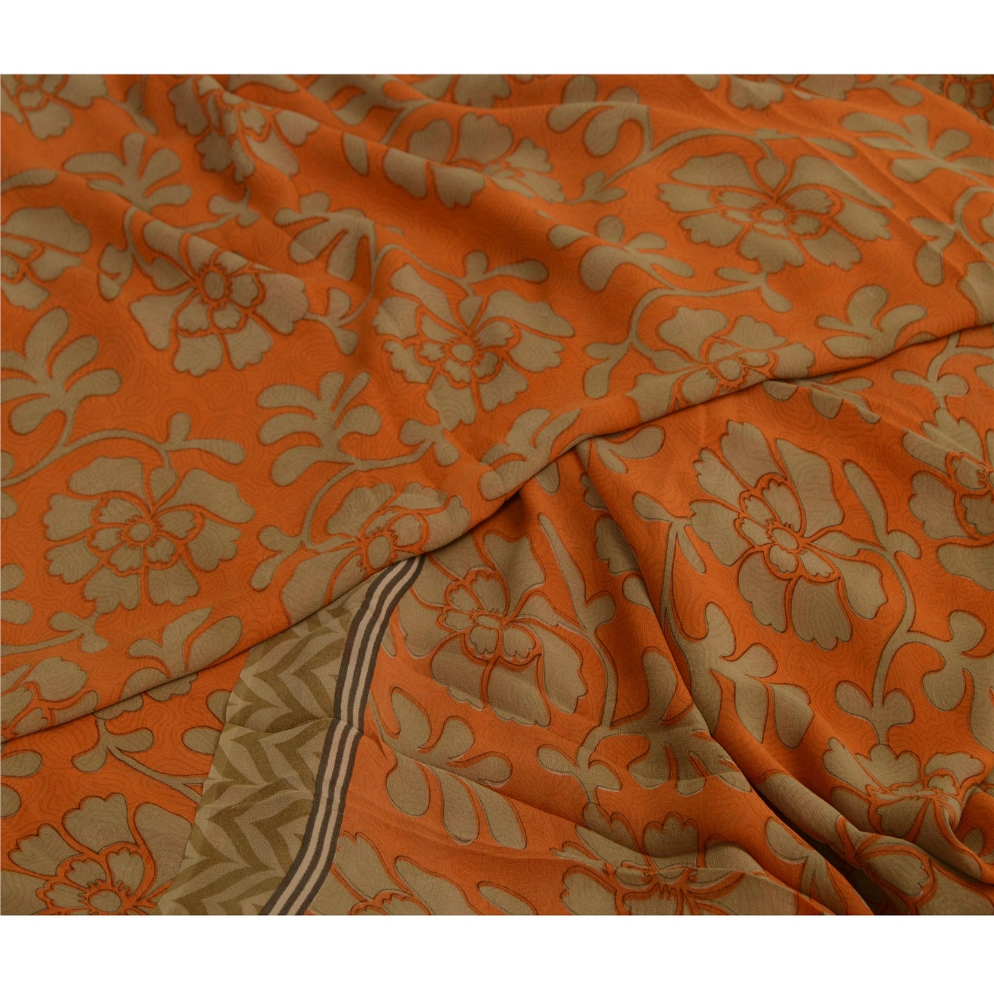 Sanskriti Vintage Sarees Orange Pure Georgette Silk Printed Sari Craft Sustainable Fabric