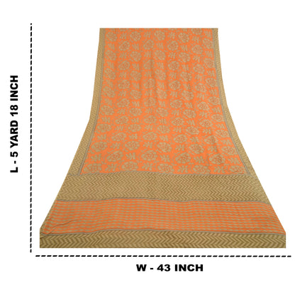 Sanskriti Vintage Sarees Orange Pure Georgette Silk Printed Sari Craft Sustainable Fabric