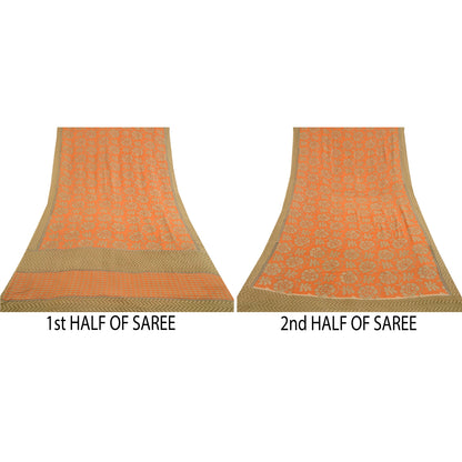 Sanskriti Vintage Sarees Orange Pure Georgette Silk Printed Sari Craft Sustainable Fabric