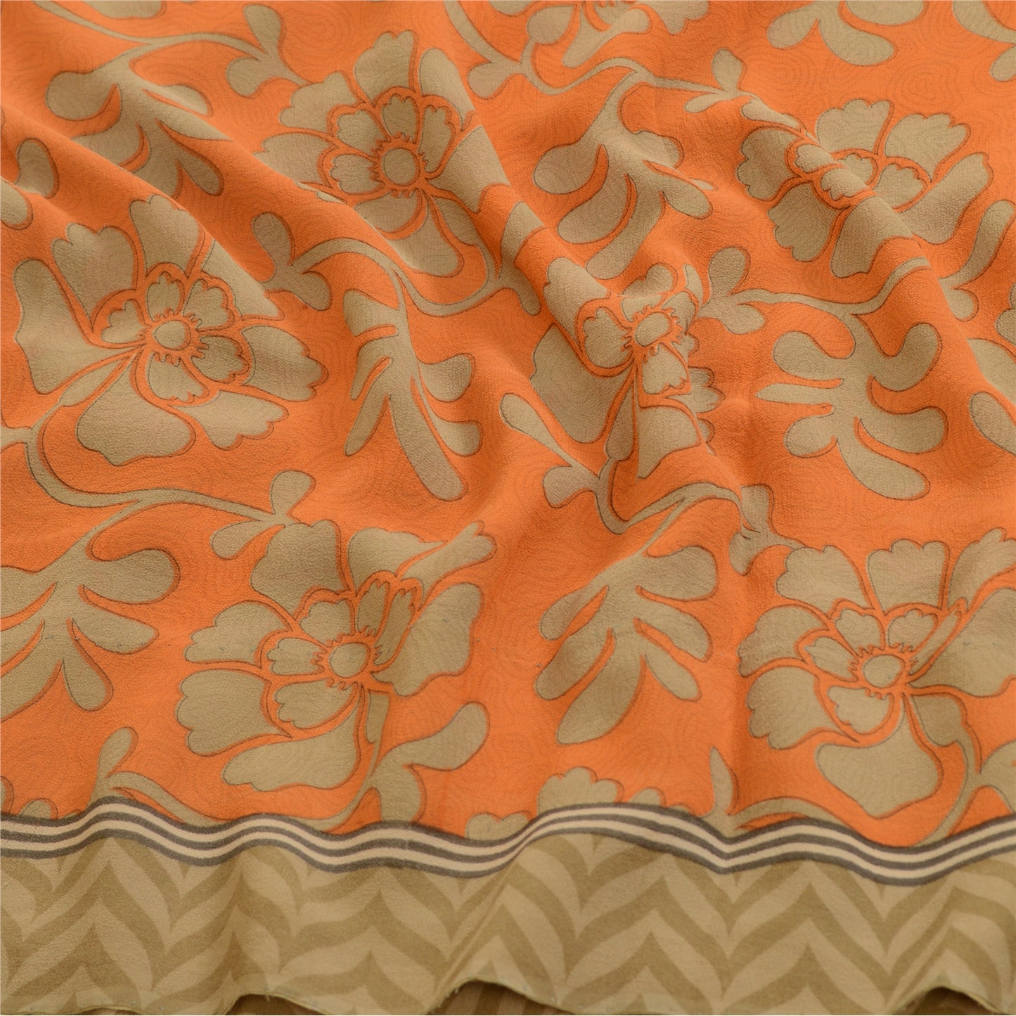 Sanskriti Vintage Sarees Orange Pure Georgette Silk Printed Sari Craft Sustainable Fabric