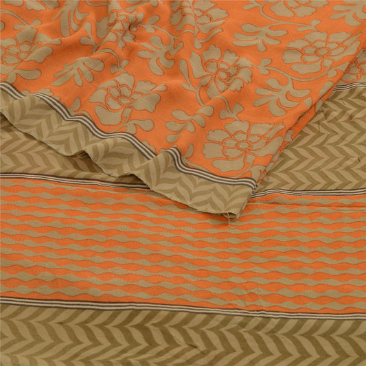 Sanskriti Vintage Sarees Orange Pure Georgette Silk Printed Sari Craft Sustainable Fabric