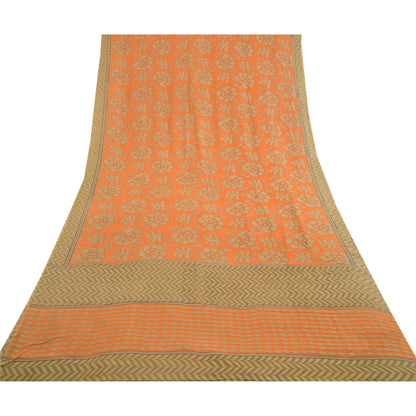 Sanskriti Vintage Sarees Orange Pure Georgette Silk Printed Sari Craft Sustainable Fabric