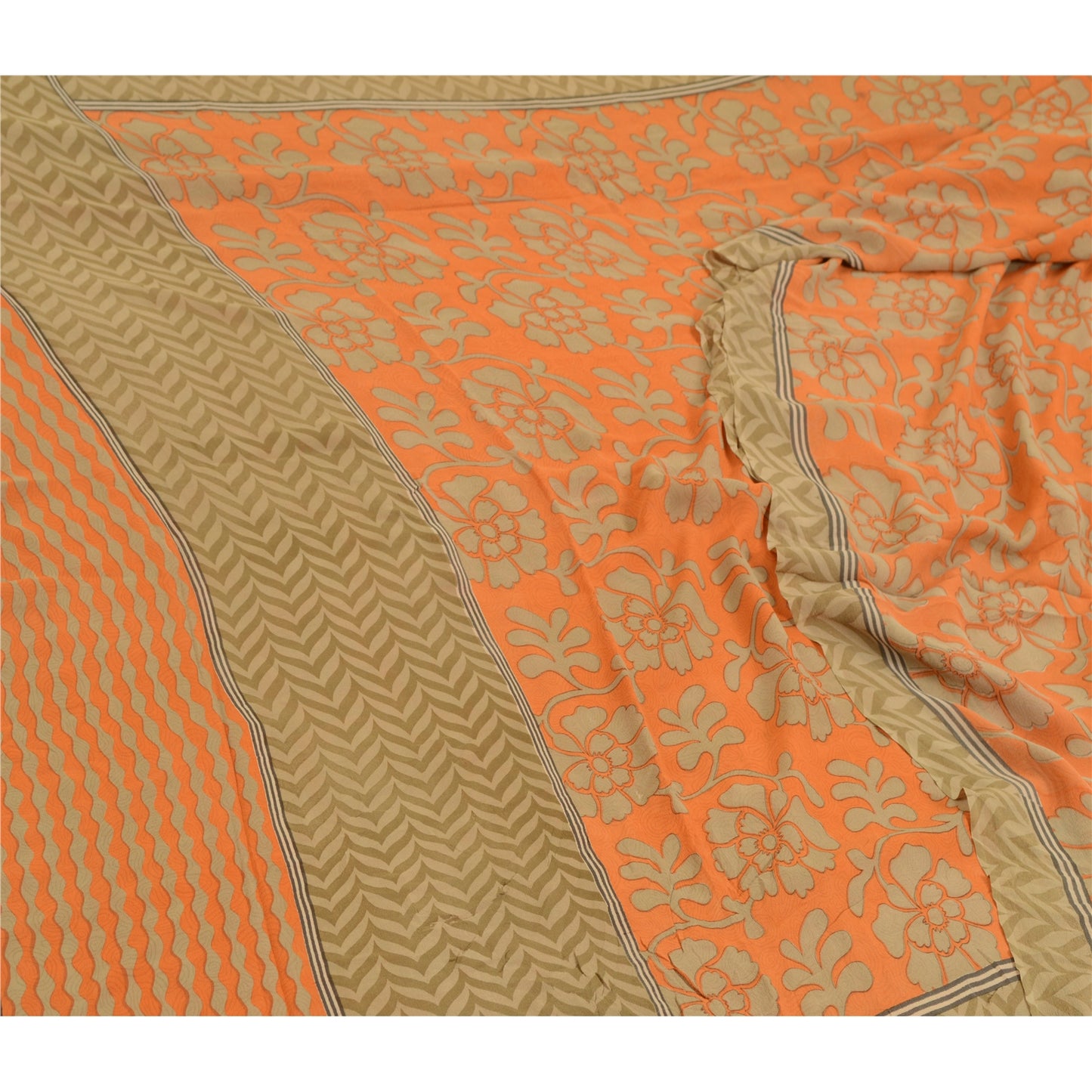 Sanskriti Vintage Sarees Orange Pure Georgette Silk Printed Sari Craft Sustainable Fabric