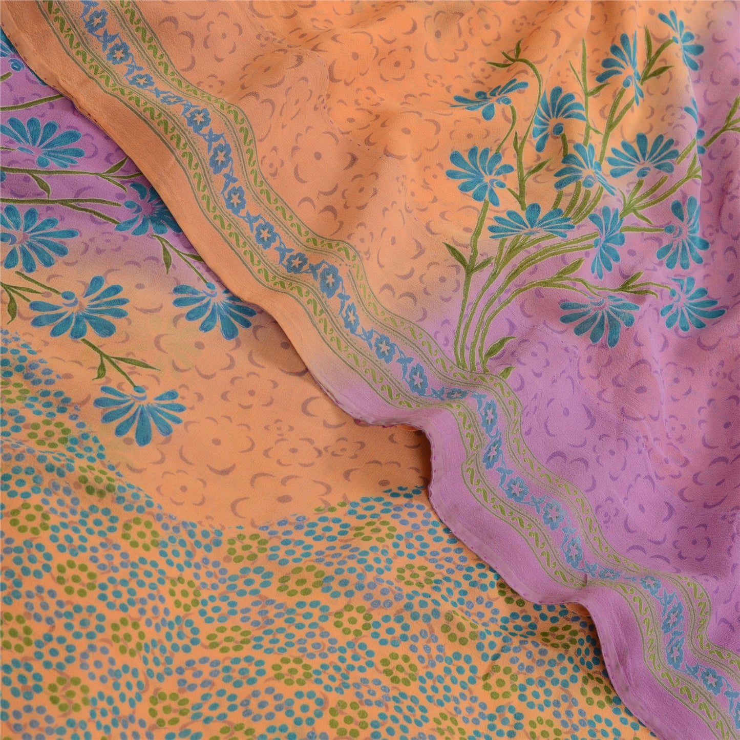 Sanskriti Vintage Sarees Orange/Purple Pure Georgette Printed Sari Craft Sustainable Fabric