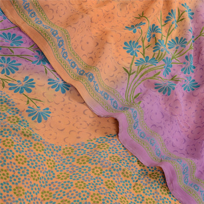Sanskriti Vintage Sarees Orange/Purple Pure Georgette Printed Sari Craft Sustainable Fabric