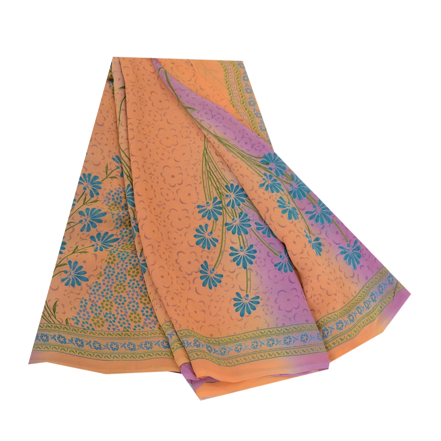 Sanskriti Vintage Sarees Orange/Purple Pure Georgette Printed Sari Craft Sustainable Fabric
