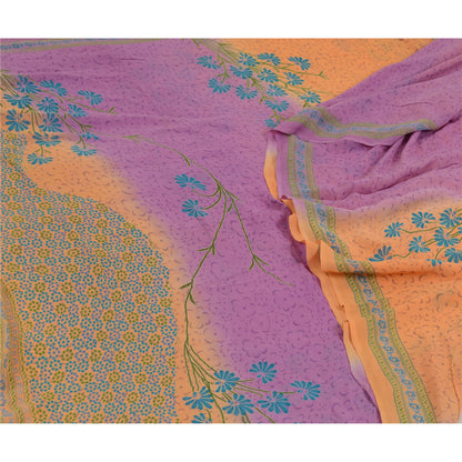 Sanskriti Vintage Sarees Orange/Purple Pure Georgette Printed Sari Craft Sustainable Fabric