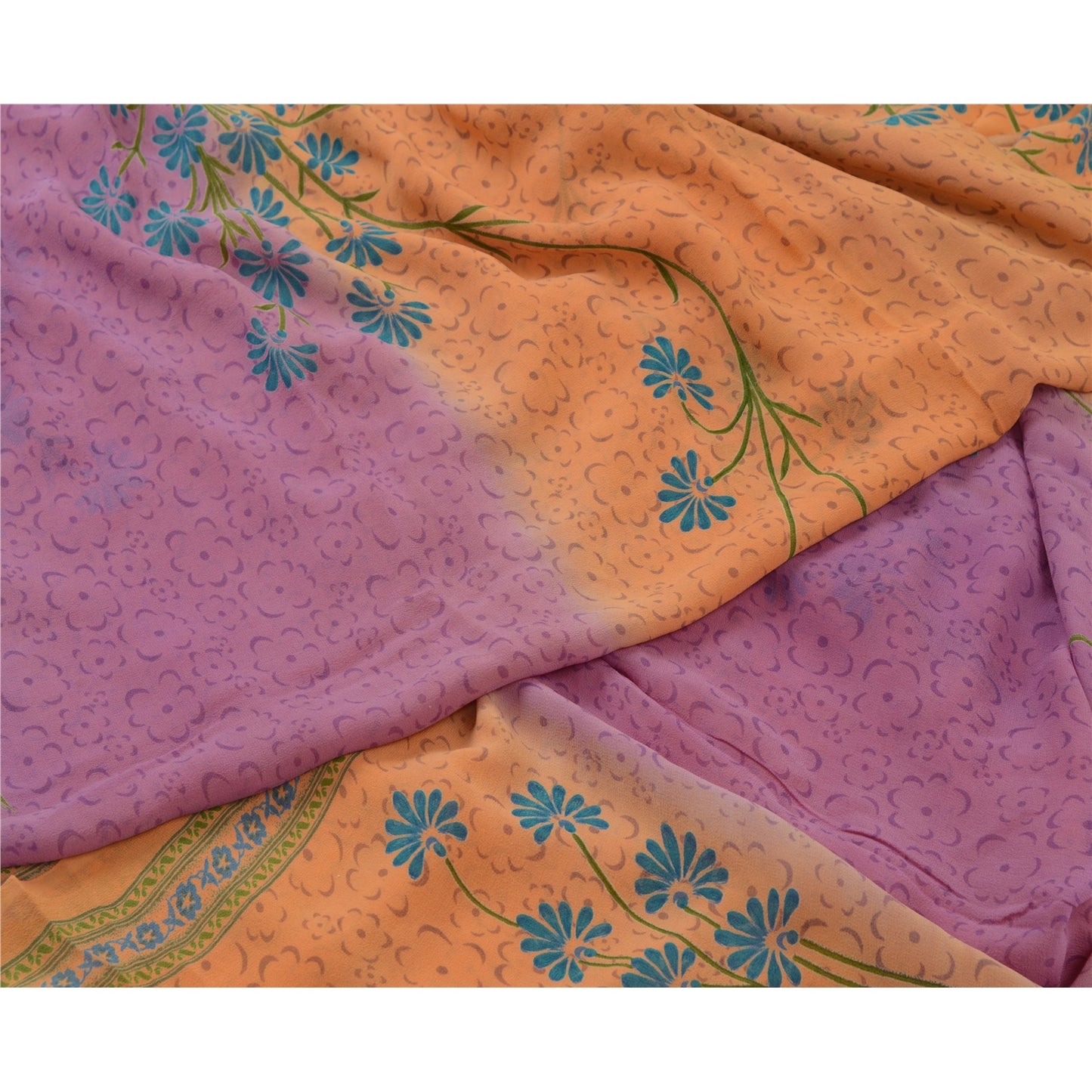 Sanskriti Vintage Sarees Orange/Purple Pure Georgette Printed Sari Craft Sustainable Fabric