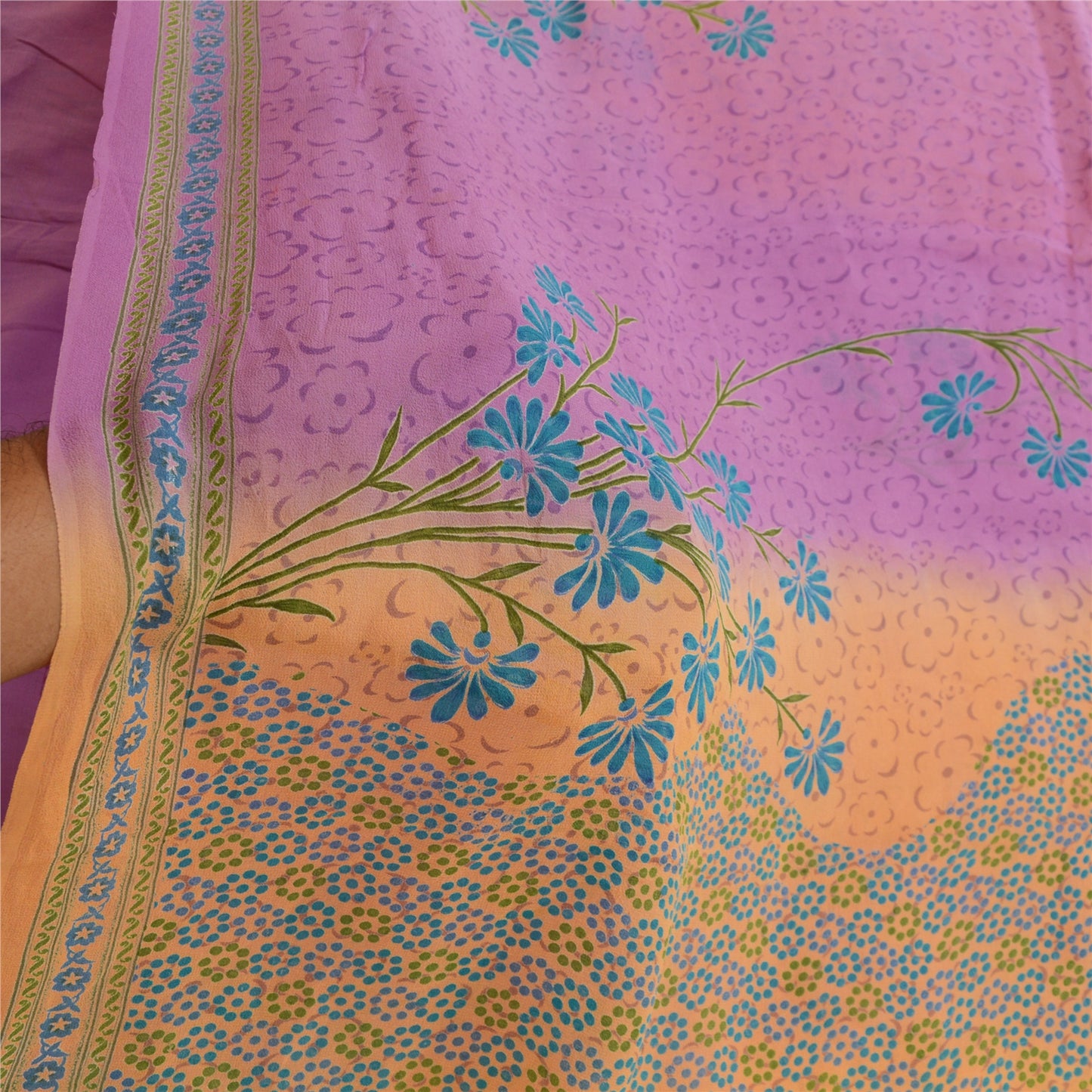 Sanskriti Vintage Sarees Orange/Purple Pure Georgette Printed Sari Craft Sustainable Fabric