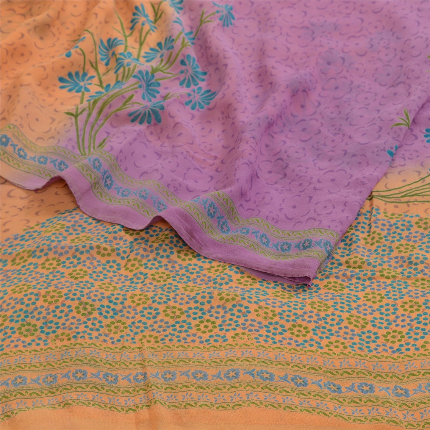 Sanskriti Vintage Sarees Orange/Purple Pure Georgette Printed Sari Craft Sustainable Fabric