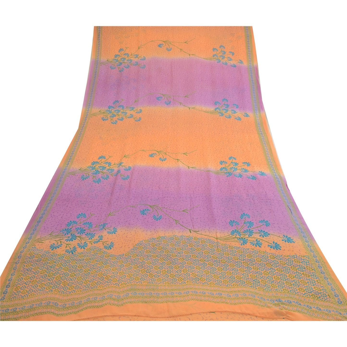 Sanskriti Vintage Sarees Orange/Purple Pure Georgette Printed Sari Craft Sustainable Fabric