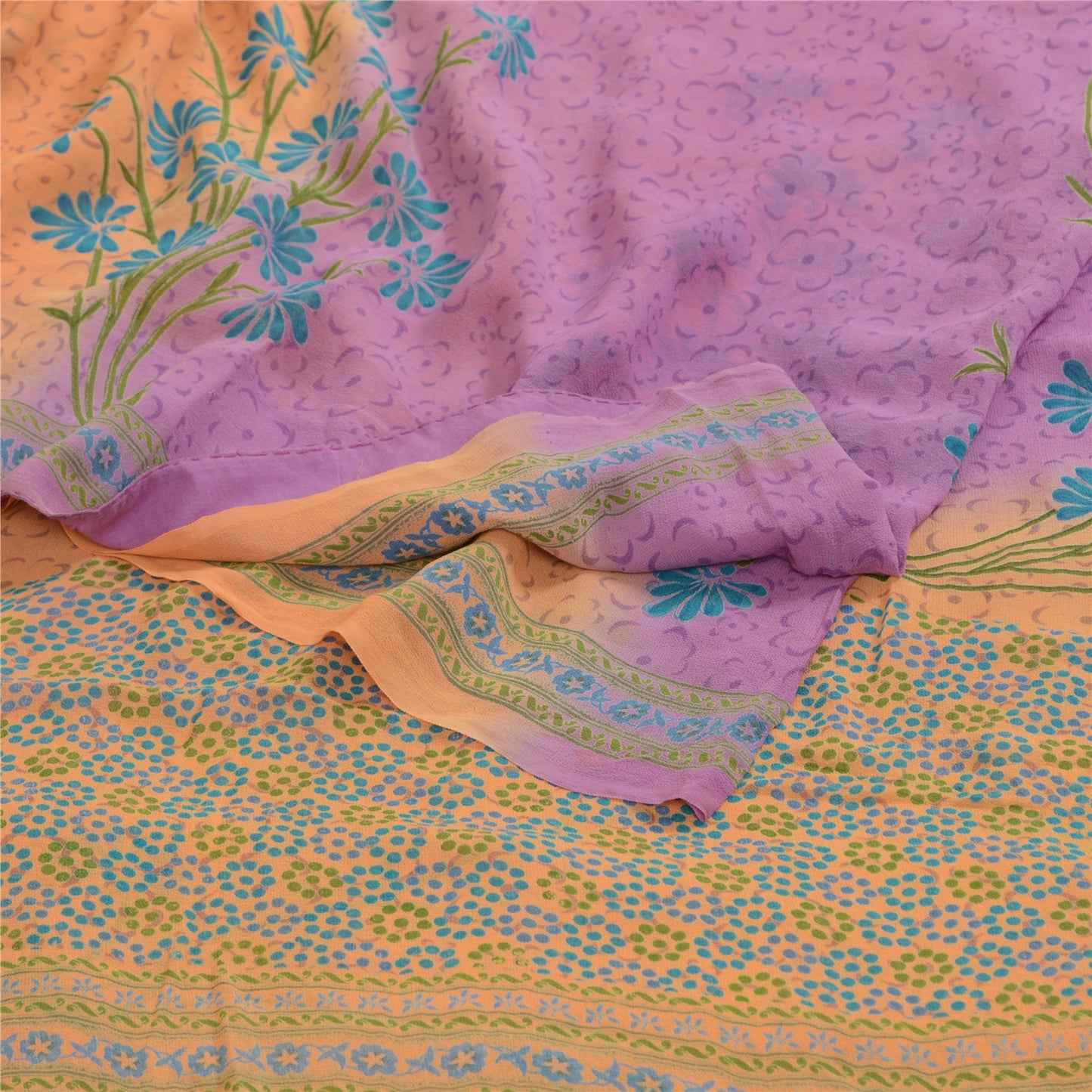 Sanskriti Vintage Sarees Orange/Purple Pure Georgette Printed Sari Craft Sustainable Fabric