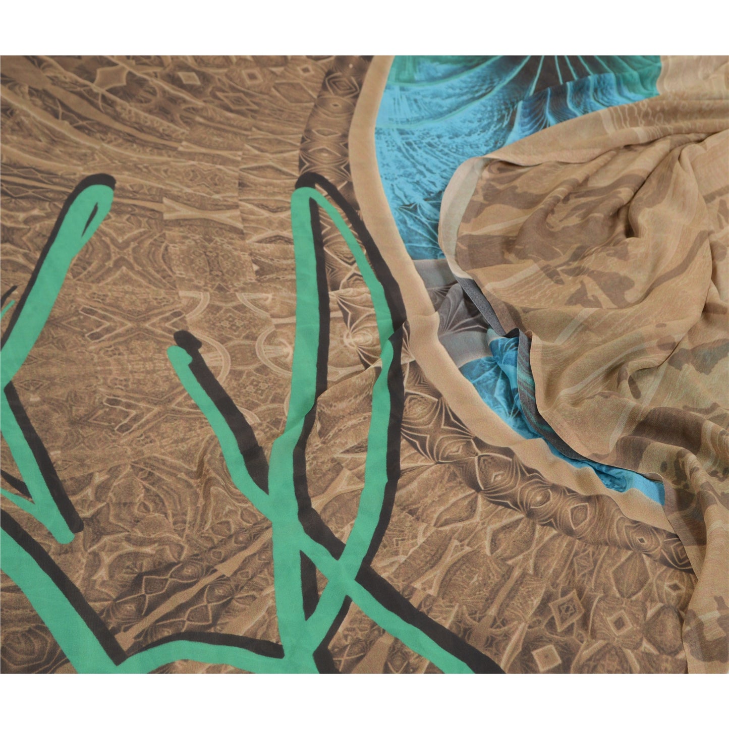 Sanskriti Vintage Sarees Indian Light-Brown Georgette Printed Sari Craft Sustainable Fabric