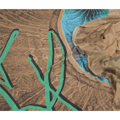 Sanskriti Vintage Sarees Indian Light-Brown Georgette Printed Sari Craft Sustainable Fabric